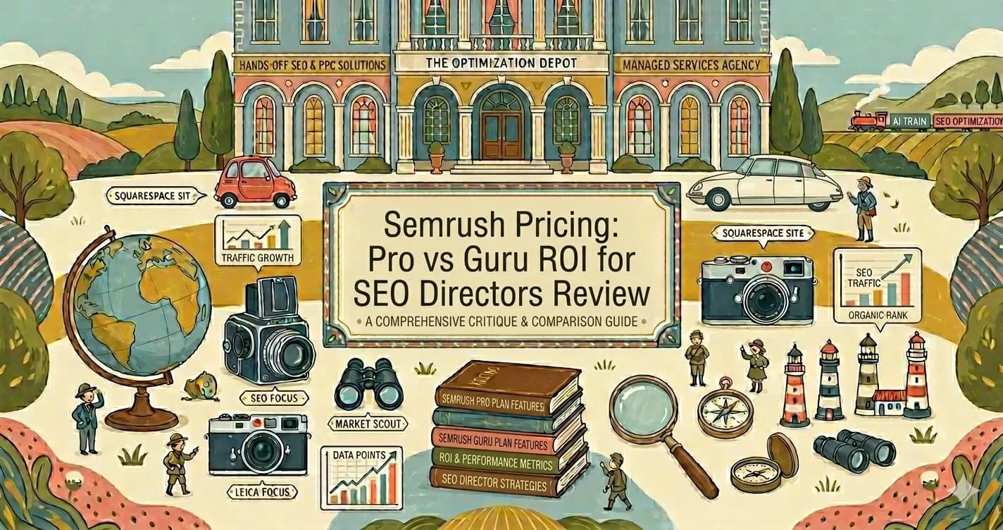 Wes Anderson style illustration detailing SEMrush pricing plans, SEO performance metrics, and agency strategies.