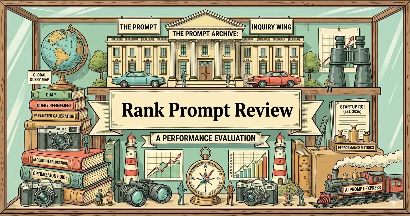 Wes Anderson style Rank Prompt Review blog header evaluating AI search tools for startup performance and ROI.